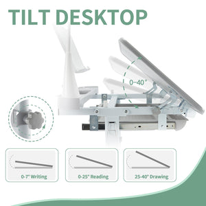 Kids Ergonomic Desk & Chair Set – Tilt Desktop, LED Light, Book Stand & Storage Drawer