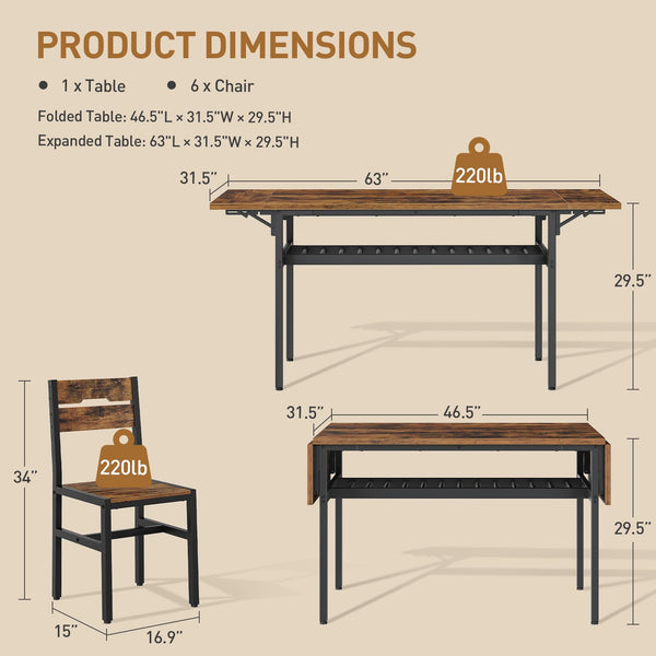 7-Piece Extendable Dining Table Set with 6 Chairs
