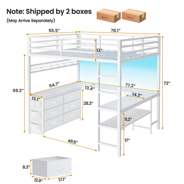 Full Size Loft Bed with U-Shaped Desk, Storage Drawers, LED Lights & Power Outlet