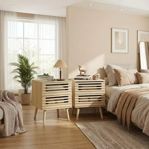 Boho Nightstand Set of 2 with Hollowed-Out Drawers