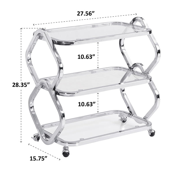 Chrome Bar Cart with Wheels & Glass Shelves
