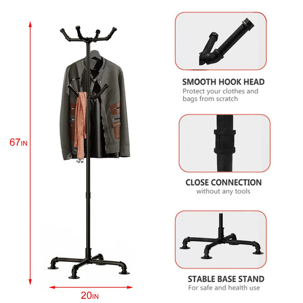 Industrial Metal Pipe Coat Rack with 6 Hooks