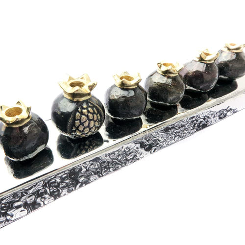 Aluminum Hanukkah Menorah – Pomegranate Strip Design, 14.5"