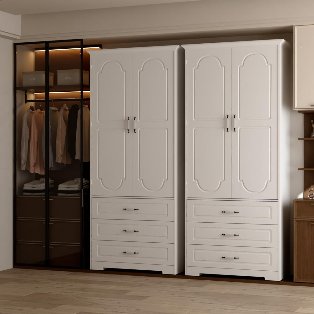 Armoire Wardrobe Closet with Drawers, LED Light & Hanging Rod