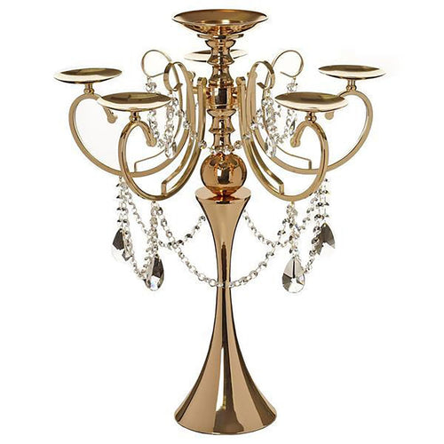Tall Gold Metal Candelabra with Crystal Drops