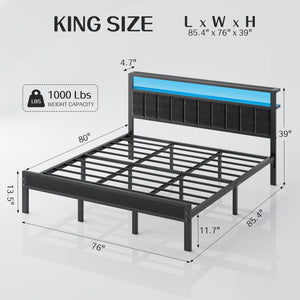 King Bed Frame with LED Lights & Charging Station