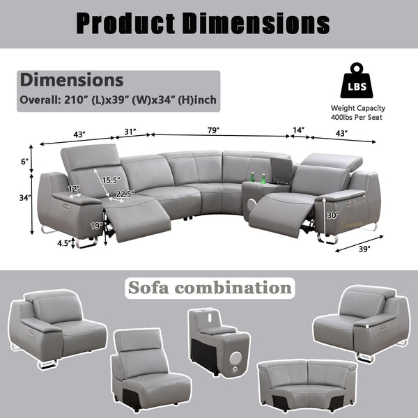 4-Seat Leather Electric Recliner Sectional Sofa with USB Charging & Bluetooth