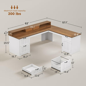 L-Shaped Desk with Drawers, File Cabinet & Monitor Stand – 63"