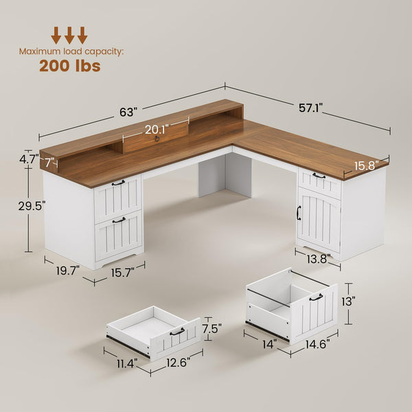L-Shaped Desk with Drawers, File Cabinet & Monitor Stand – 63"