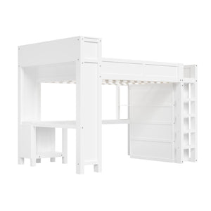 Queen Loft Bed with Desk, Wardrobe & Charging Station – White Wood