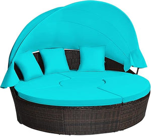Outdoor Round Rattan Daybed with Retractable Canopy & Adjustable Coffee Table