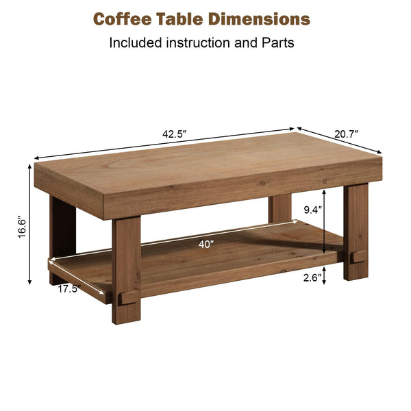 Farmhouse Solid Wood Coffee Table with Storage Shelf