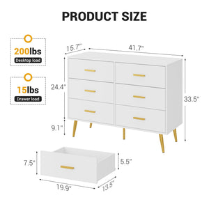 6-Drawer Dresser with Gold Handles | Modern Wooden Chest for Bedroom