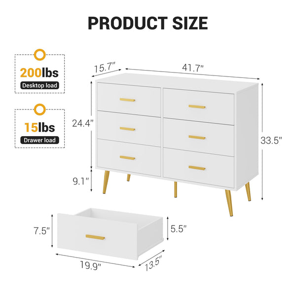 6-Drawer Dresser with Gold Handles | Modern Wooden Chest for Bedroom
