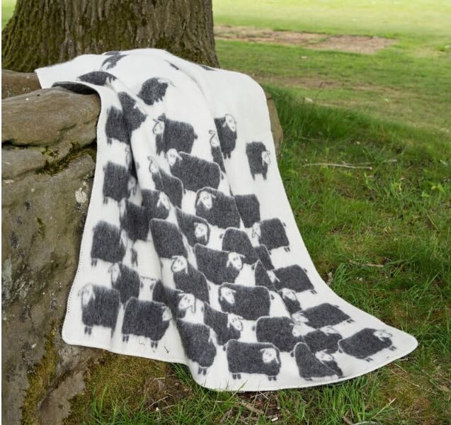 Wool Cotton Throw Blanket Reversible Sheep Print Farmhouse