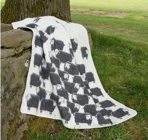 Wool Cotton Throw Blanket Reversible Sheep Print Farmhouse