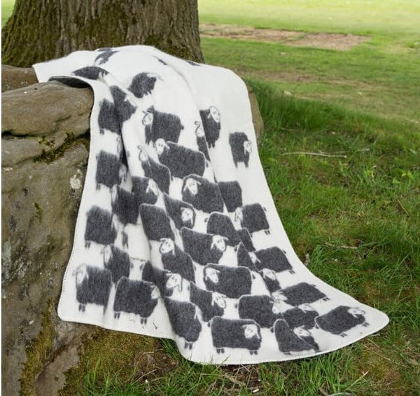 Wool Cotton Throw Blanket Reversible Sheep Print Farmhouse