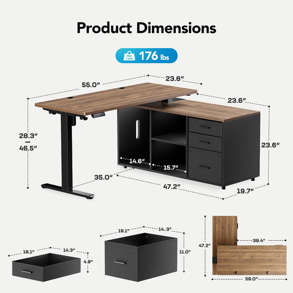 L-Shaped Electric Standing Desk with Drawers & File Cabinet