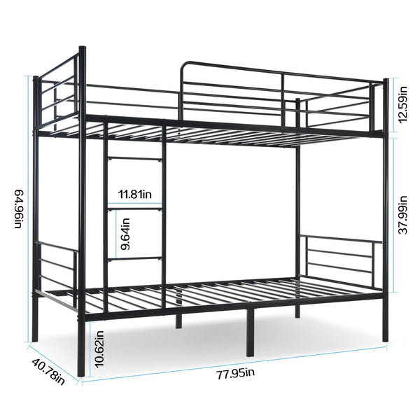 Twin Over Twin Metal Bunk Bed with Guardrails and Ladder