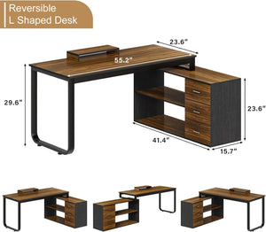55-Inch L-Shaped Computer Desk with Drawers & Storage Shelves