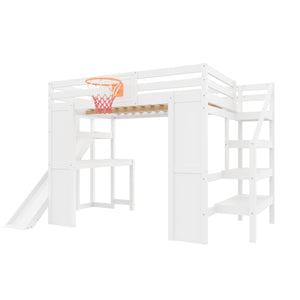Full Size Kids Loft Bed with Slide, Desk & Storage