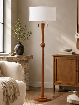 Solid Oak Wood Floor Lamp — 62.8", 2-Light Pull Chain, 17" Drum Shade, 2 LED Bulbs