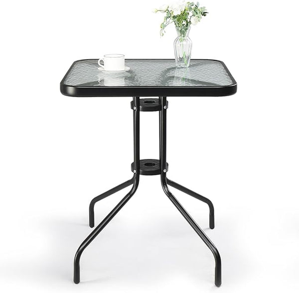 Glass Patio Table with Umbrella Hole – Tempered Glass Outdoor Dining Table