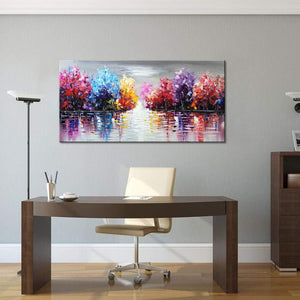 Hand Painted Lake Landscape Canvas Wall Art – Colorful Tree Thick Texture Oil Painting