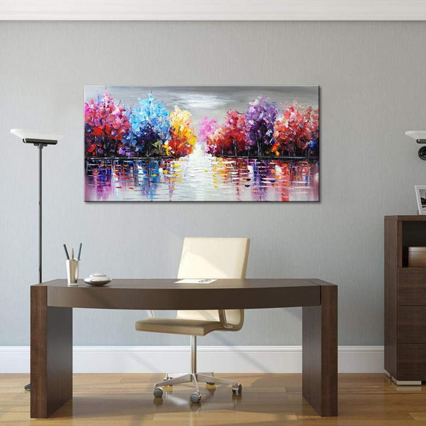 Hand Painted Lake Landscape Canvas Wall Art – Colorful Tree Thick Texture Oil Painting
