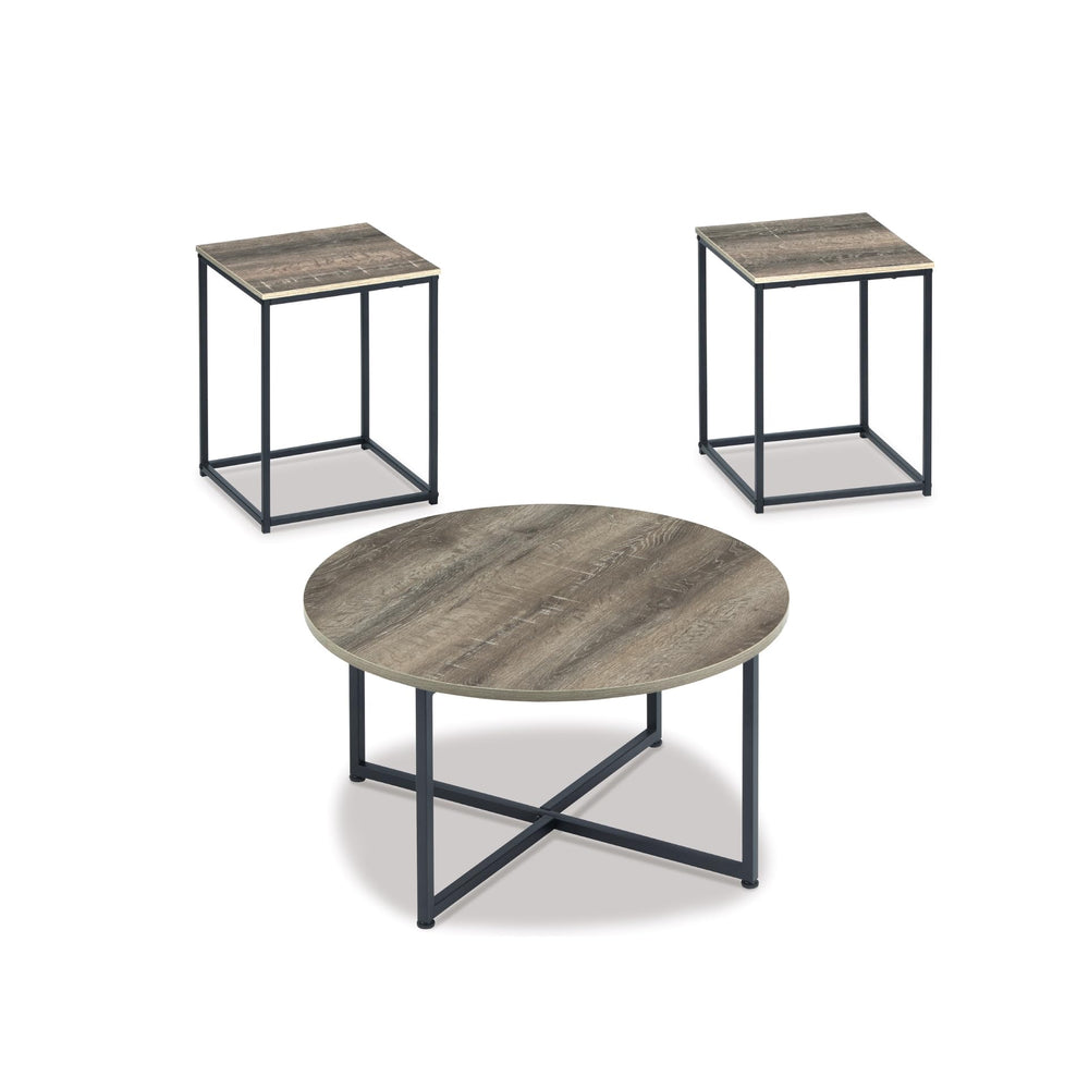 3-Piece Coffee & End Table Set – Round Top, Metal Frame, Wood Grain