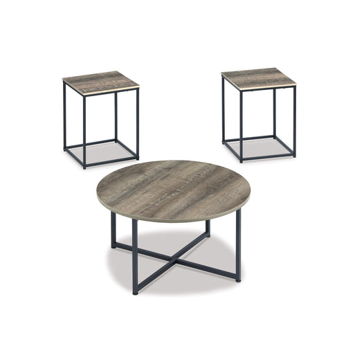 3-Piece Coffee & End Table Set – Round Top, Metal Frame, Wood Grain