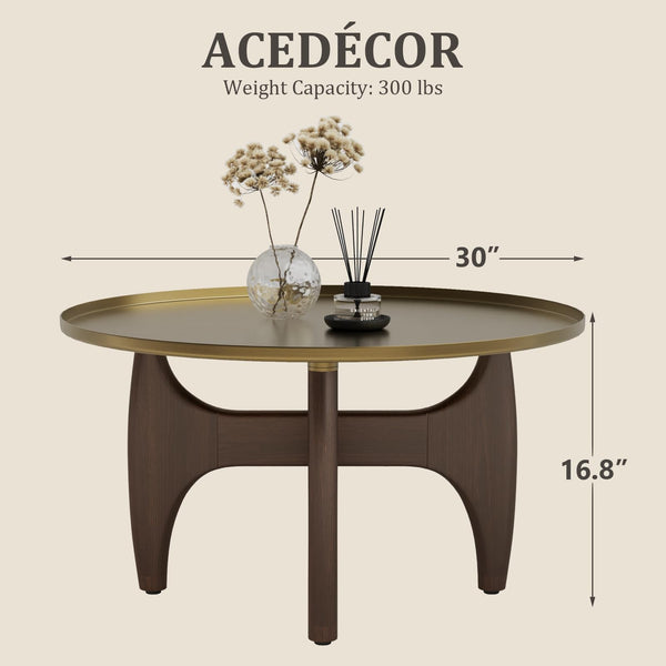 Round Coffee Table with Gold Tray Top & Walnut Base