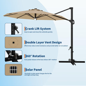 10 ft Cantilever Patio Umbrella with Solar LED Lights & 360° Rotation