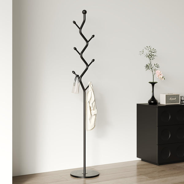 Freestanding Tree Branch Coat Rack with Marble Base & 6 Hooks