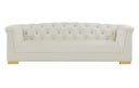 Velvet Button-Tufted Sofa with Gold Nailhead Detail & Steel Legs