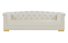 Velvet Button-Tufted Sofa with Gold Nailhead Detail & Steel Legs
