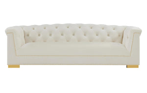 Velvet Button-Tufted Sofa with Gold Nailhead Detail & Steel Legs