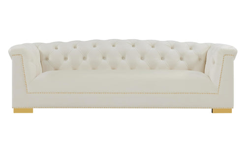 Velvet Button-Tufted Sofa with Gold Nailhead Detail & Steel Legs
