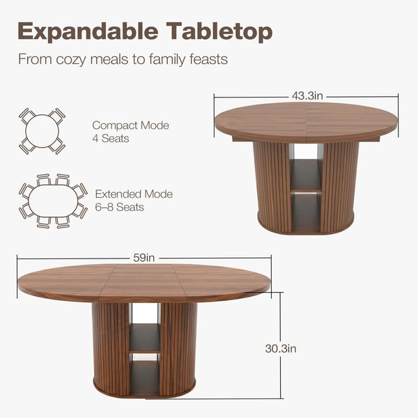 Extendable Round Dining Table 43–59 Inch with Storage Shelf