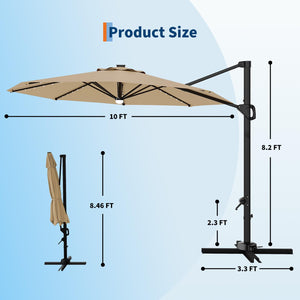 10 ft Cantilever Patio Umbrella with Solar LED Lights & 360° Rotation