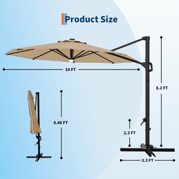 10 ft Cantilever Patio Umbrella with Solar LED Lights & 360° Rotation