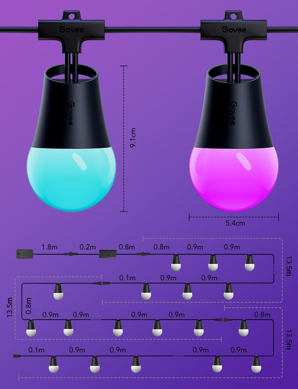 Smart Outdoor String Lights RGBICW LED Bulbs – App & Voice Control