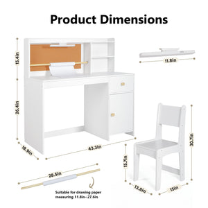 Kids Study Desk and Chair Set with Hutch, Storage Cabinet & Night Light
