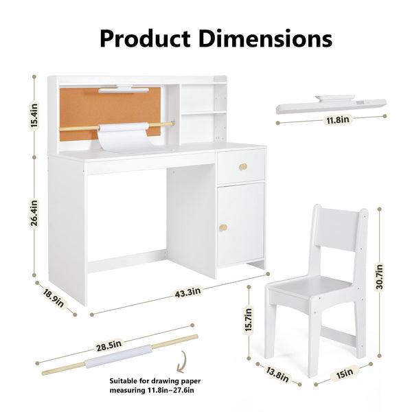 Kids Study Desk and Chair Set with Hutch, Storage Cabinet & Night Light