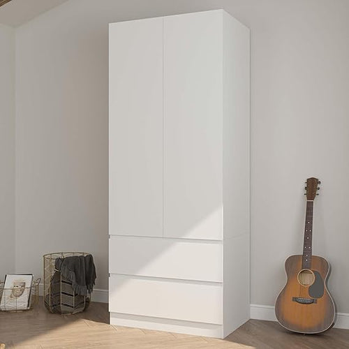 4-Door Armoire Wardrobe Closet with Drawers & Hanging Rod