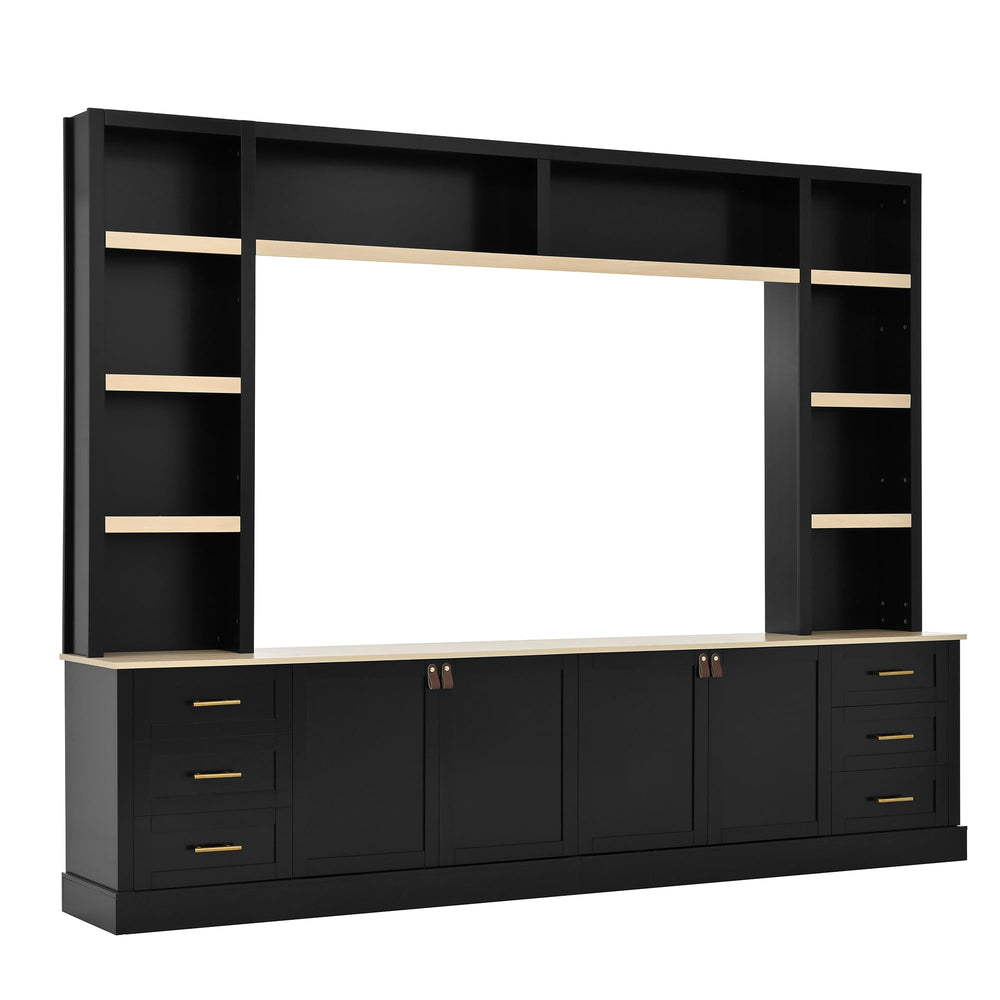 102.3" Farmhouse 4-Piece Entertainment Center with Drawers & Adjustable Shelves