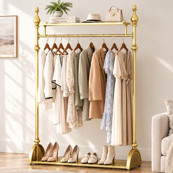Gold Clothing Rack with Double Shelves, 39.4-Inch