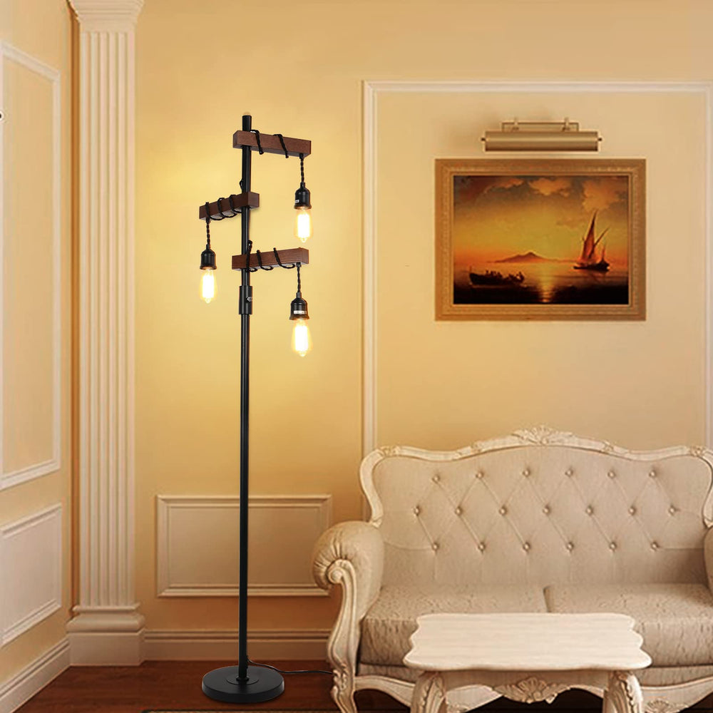 Wood Floor Lamp with Dimmable 3-Head Design