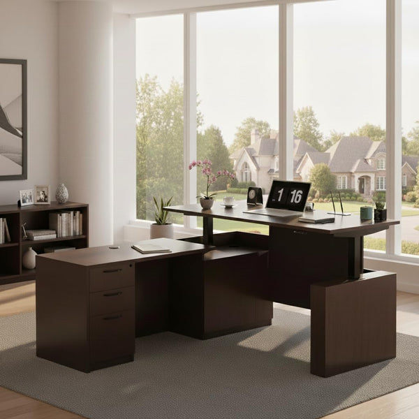 L-Shaped Height Adjustable Executive Standing Desk with Lockable Cabinets