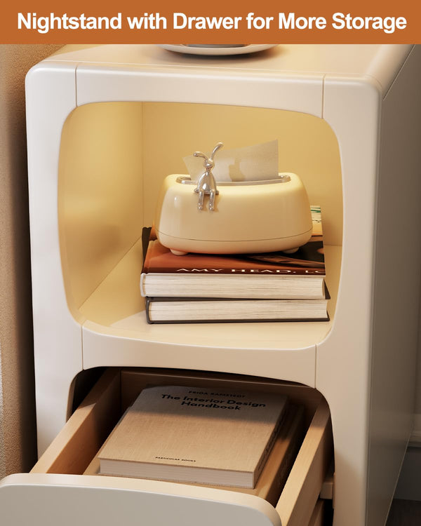 Solid Wood Narrow Nightstand with Drawer & USB Night Light